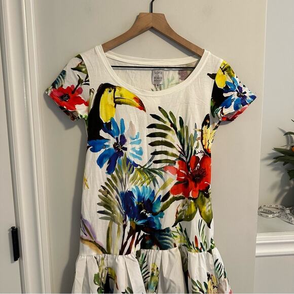 NWT Sara Roka White Cotton Bird Tropical Mini Dress 4 - Picture 7 of 12